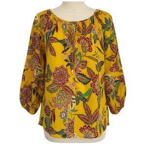 Johnny Was Silk Anka Floral Paisley Peasant Blouse Yellow Multi Boho S